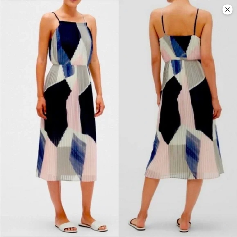 Banana Republic Navy/Pink Pleated Geometric Midi Dress sz 16